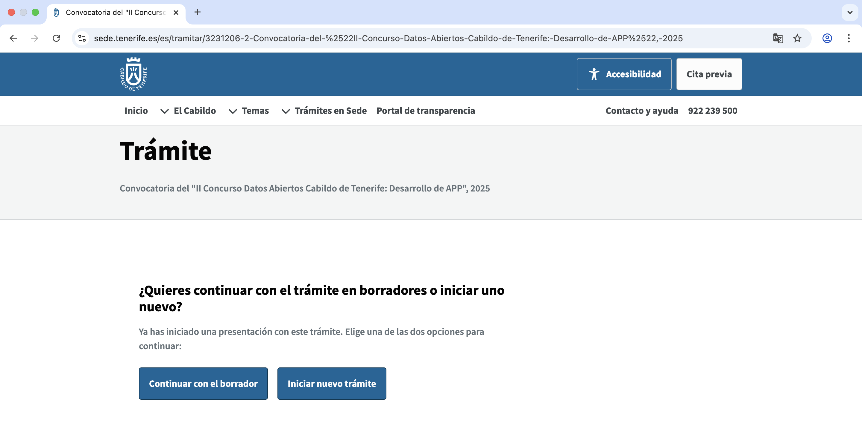 Continuar borrador tramite II Concurso Datos Abiertos Cabildo Tenerife