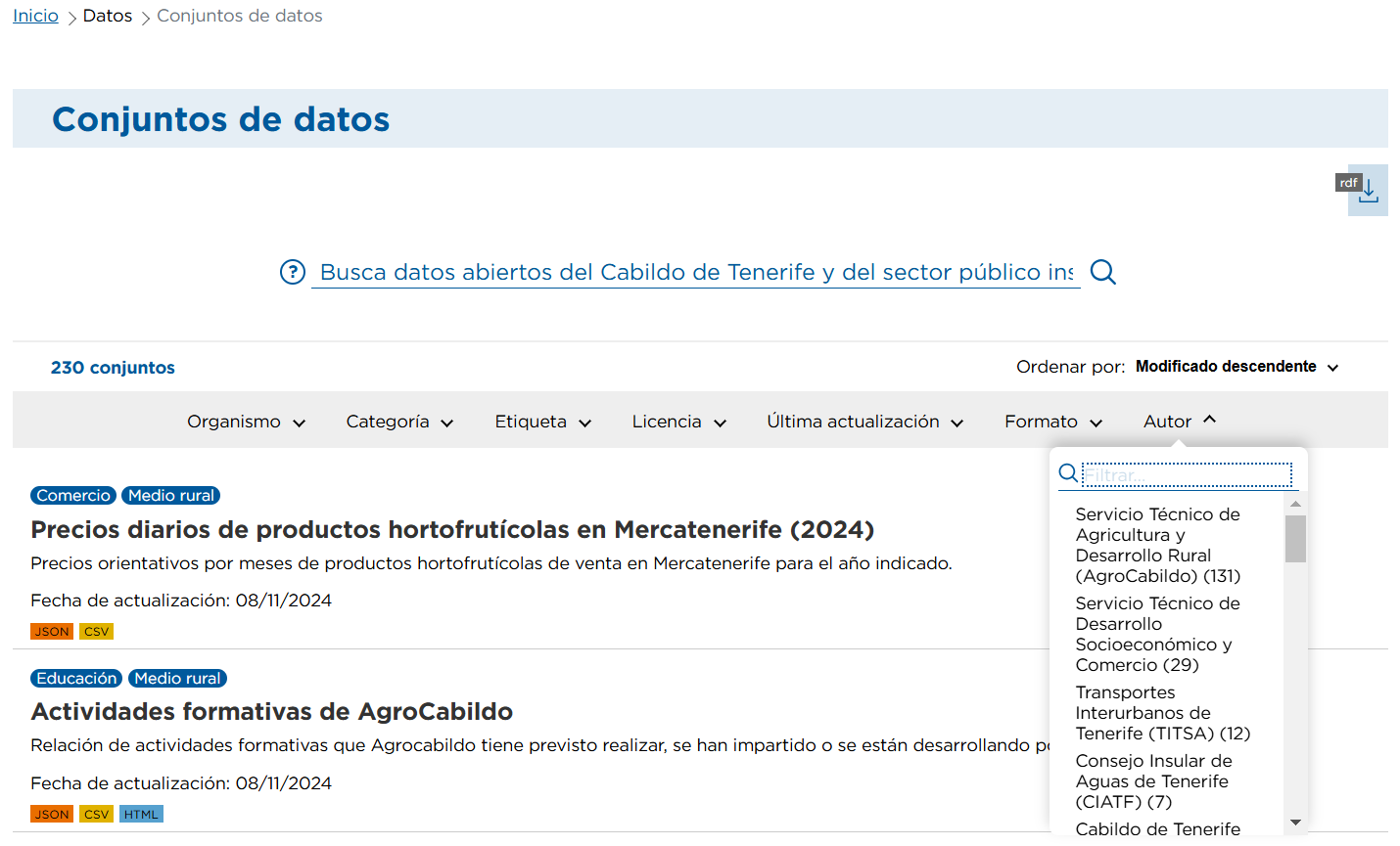 Datos Abiertos Caildo de Tenerife Filtro por Autor
